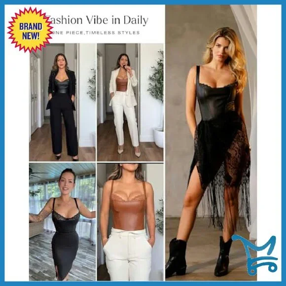 Faux Leather Shapewear Bodysuit Tummy Control Corset Top Lace Underwire